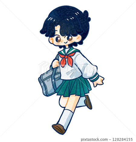 Hand-drawn illustration of a black-haired girl wearing a sailor suit Hand-drawn illustration of a black-haired girl wearing a sailor suit 128284155