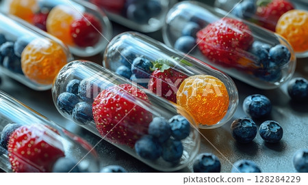 Colorful gel capsules filled tiny fruits like strawberries, blueberries, and oranges are arranged on surface, representing concept of natural vitamins in playful way 128284229