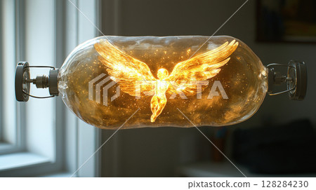 sleek iv bag suspended in enchanting light holds golden liquid, delicate cupid wings floating above, symbolizing celestial love and romance scene radiates ethereal charm 128284230