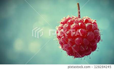 giant raspberry, acting as hot air balloon, soars through open sky Dewdrops shimmer on its vibrant surface, creating whimsical and artistic representation of flight 128284245