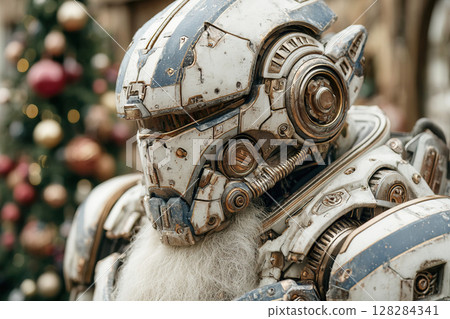 Chrome exoskeleton Santa Claus stands beside decorated quantum fir for New Year celebration Chrome exoskeleton Santa Claus stands beside decorated quantum fir for New Year celebration 128284341
