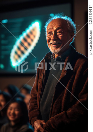 Professor engages students with DNA projector during a lively lecture 128284414