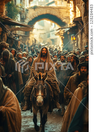 Procession of Jesus Christ entering Jerusalem on a donkey through ancient stone gates Procession of Jesus Christ entering Jerusalem on a donkey through ancient stone gates 128284483