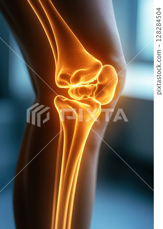 Knee joints illuminated in the human body show the pain and bone structure in a neon view 128284504