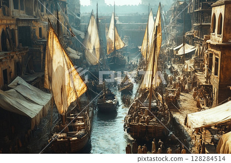 Overhead view of a bustling slave port with ships and market activities 128284514