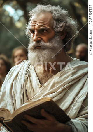 Homer passionately reading the Iliad to a captivated audience in a modern film setting 128284535
