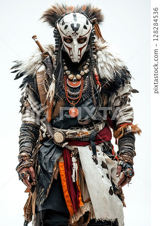Indian warrior in traditional armor with intricate accessories against a white background Indian warrior in traditional armor with intricate accessories against a white background 128284536