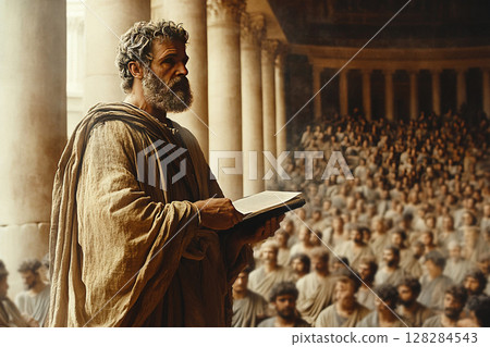 Philosopher lectures students in ancient Roman hall filled with eager listeners 128284543