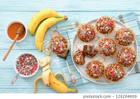 banana bread oat muffins with christmas sprinkles 128284609