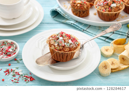 banana bread oat muffins with christmas sprinkles banana bread oat muffins with christmas sprinkles 128284617