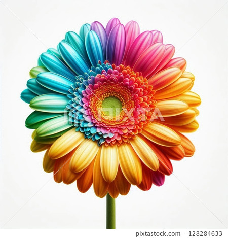Gerbera flower with rainbow color petals isolated on white background. 128284633