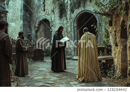 Judges of righteousness converge on a young woman accused of witchcraft in the Middle Ages 128284642