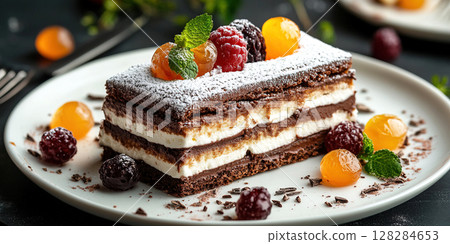 Delicious chocolate cake with white meringue eclair and fruity garnishes served on a white plate. Header banner mockup with copy space. 128284653