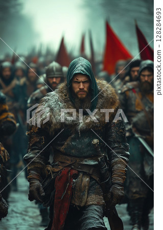 Epic battle of ancient Russian knights advancing towards a fortress 128284693