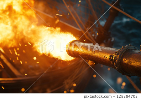 Galleon ship unleashing cannon fire during a turbulent naval battle at sea 128284702