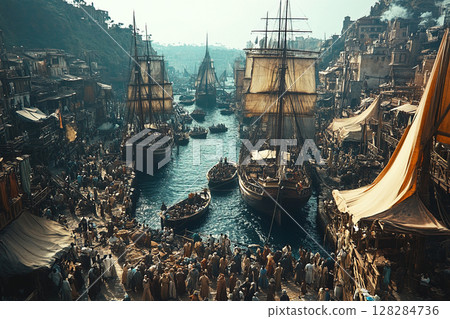 Captured moments of a bustling slave market with pirate ships in port 128284736