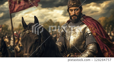 King Charles V of Spain leading troops during the Battle of Muhlberg in a historical portrait. Header banner mockup with copy space. King Charles V of Spain leading troops during the Battle of Muhlberg in a historical portrait. Header banner mockup with copy space. 128284757