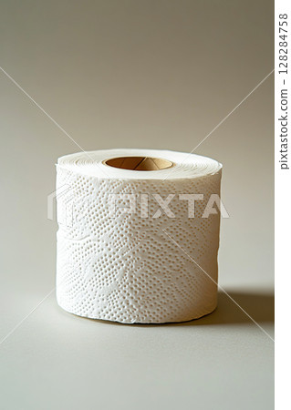 Toilet paper roll isolated against a plain background highlighting bathroom hygiene essentials Toilet paper roll isolated against a plain background highlighting bathroom hygiene essentials 128284758