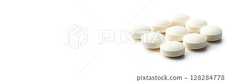 Medical tablets isolated on white background for online pharmacy and treatment options. Header banner mockup with copy space. 128284778