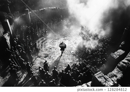 Achilles engages in fierce battle with the Trojans from an aerial perspective 128284812