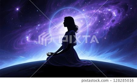 一位女士在太空星雲背景下冥想的側視圖輪廓 一位女士在太空星雲背景下冥想的側視圖輪廓 128285016