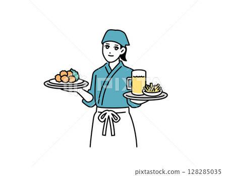 A female izakaya waitress carrying food A female izakaya waitress carrying food 128285035