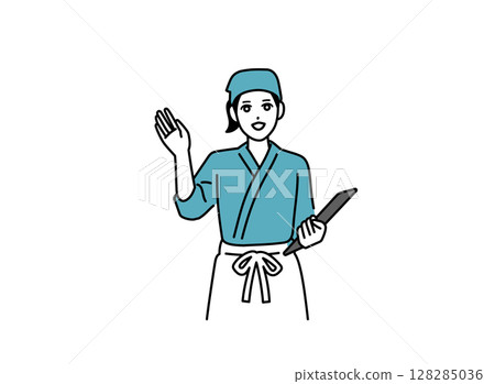 A female bar attendant showing a customer to a tatami room A female bar attendant showing a customer to a tatami room 128285036