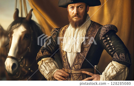 Portrait of Ferdinand Magellan in period attire with a horse nearby Portrait of Ferdinand Magellan in period attire with a horse nearby 128285080