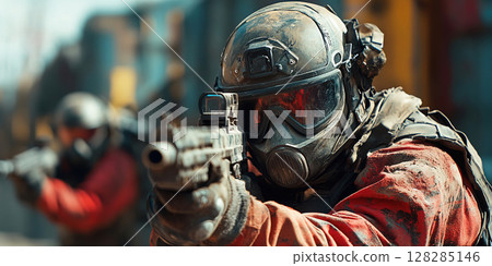 Intense paintball action featuring players in tactical gear aiming their markers. Header banner mockup with copy space. Intense paintball action featuring players in tactical gear aiming their markers. Header banner mockup with copy space. 128285146