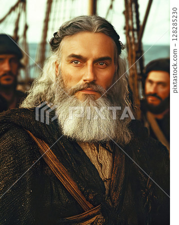 Vasco da Gama leads his crew on a wooden galleon during the arrival in Calicut 128285230