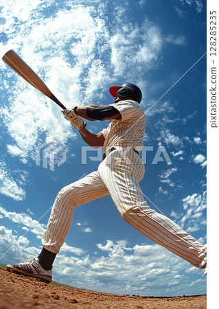 Baseball player swings bat to make impact during a daytime game on a sunny field 128285235
