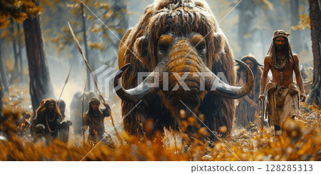 Stone Age mammoth predator surrounded by primitive men with weapons. 128285313