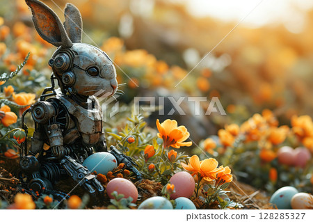 A robot rabbit exoskeleton amid colorful chicken eggs and blooming flowers on a sunny Easter morning 128285327