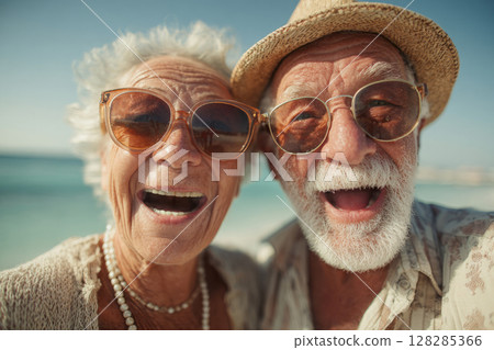 Elderly couple in sunglasses smiles while enjoying sunny day at the beach Elderly couple in sunglasses smiles while enjoying sunny day at the beach 128285366