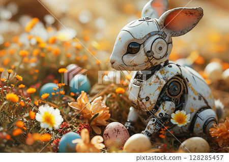 A robot rabbit exoskeleton among vibrant flowers and colorful eggs during Easter celebrations 128285457