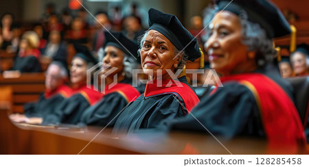 Judge in robe presides over process, reads verdict at justice trial in courthouse in vintage wooden interior. Judge in robe presides over process, reads verdict at justice trial in courthouse in vintage wooden interior. 128285458