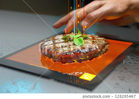 Juicy beef steak in virtual restaurant menu, modern technology of business of digital online service internet. Juicy beef steak in virtual restaurant menu, modern technology of business of digital online service internet. 128285467
