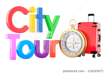 City tour with suitcase and compass. Tourism, travel and adventure concept. 3D rendering 128285671