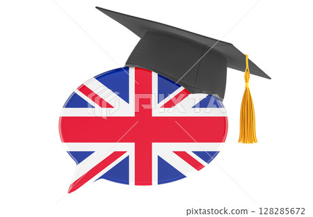 English language learning, education, and communication concept. Speech bubble with United Kingdom flag and graduation cap. 3D rendering English language learning, education, and communication concept. Speech bubble with United Kingdom flag and graduation cap. 3D rendering 128285672