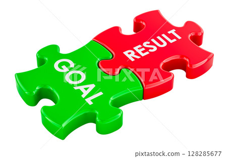 Goal and Result, puzzle pieces. 3D rendering 128285677