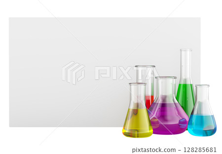 Laboratory flasks full of colorful liquids with blank card. 3D rendering Laboratory flasks full of colorful liquids with blank card. 3D rendering 128285681