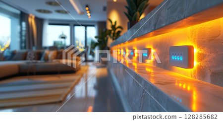 Close up view of advanced smart home controls in a modern living room during evening. Header banner mockup with copy space. 128285682