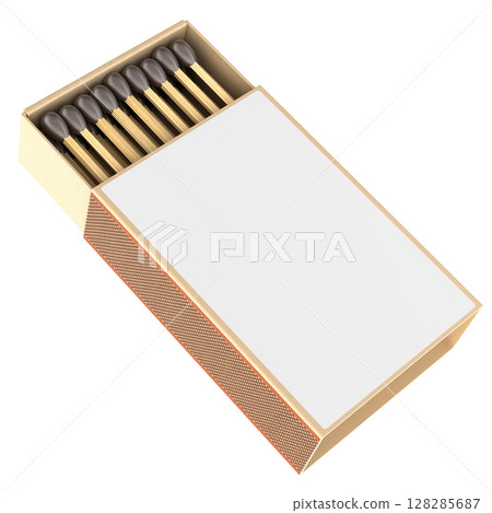 Open matchbox with brown matches and blank white label on the box. 3D rendering 128285687