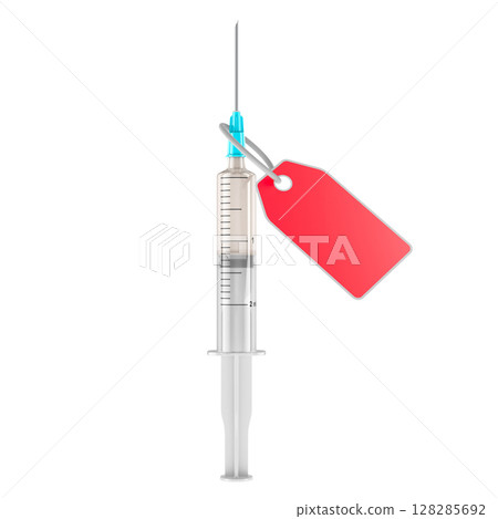 Syringe with blank red tag. Price of beauty and health, concept. 3D rendering 128285692