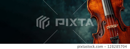 This close up view of a violin highlights its intricate design and beautiful grain. Header banner mockup with copy space. This close up view of a violin highlights its intricate design and beautiful grain. Header banner mockup with copy space. 128285704