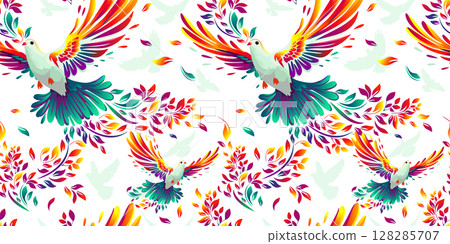 The colorful bird of peace, the dove Seamless pattern for fabric. hand drawing. Not AI. Vector illustration The colorful bird of peace, the dove Seamless pattern for fabric. hand drawing. Not AI. Vector illustration 128285707
