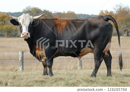 Brangus cow grazing peacefully in a pasture during a sunny afternoon 128285788
