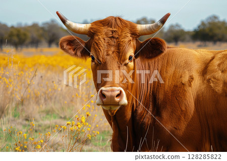 Bos taurus retinta cow grazing peacefully in a vibrant flower filled field on a sunny day 128285822