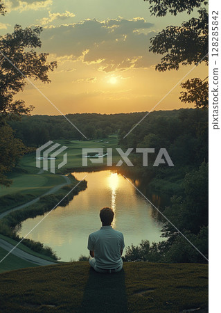 Golf player reflects at sunset on a serene golf course near the water 128285842