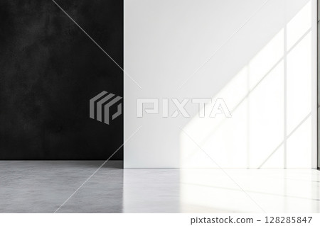Modern minimalist interior design featuring a black corner and bright white space 128285847
